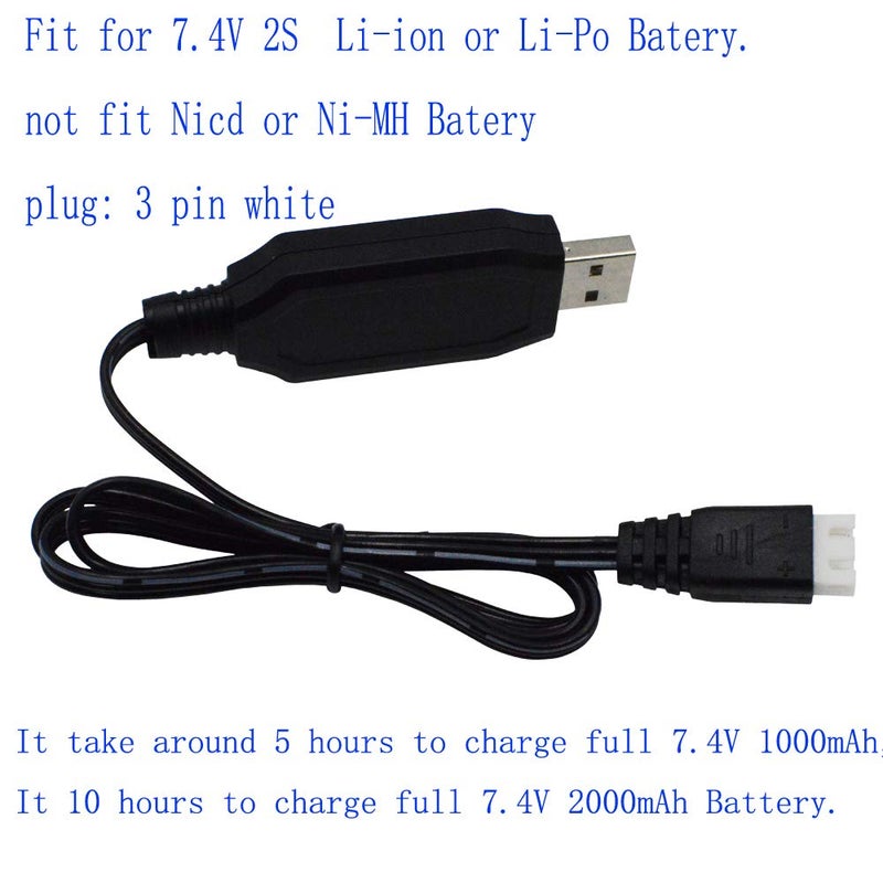 Blomiky 2 Pack H102 7.4V 1.3A Lithium Battery Charger Cable with XH-3P Connector Plug for RC Truck 7.4V 2S Lipo Battery and H120 H100 H101 H103 H110 H112 H108 RC Boat and Trucks Quadcopter H106 USB 2 - Image 5